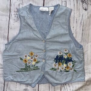 Casey and Max Flower Print Patchwork Vest Light Blue, Size Large, Button-Up